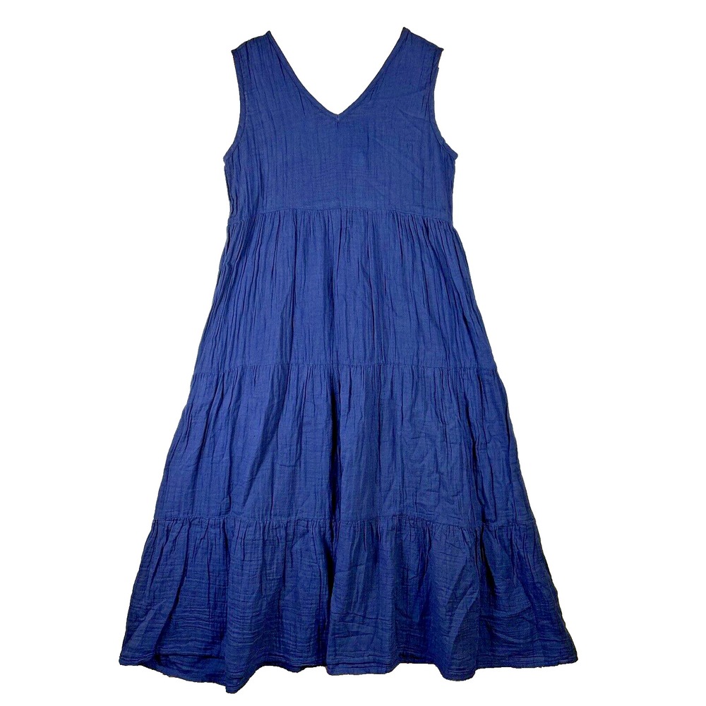 Kings Road Womens Dress Sz S Navy Blue Cotton Maxi Long Tiered‎ Sleeveless Crepe
